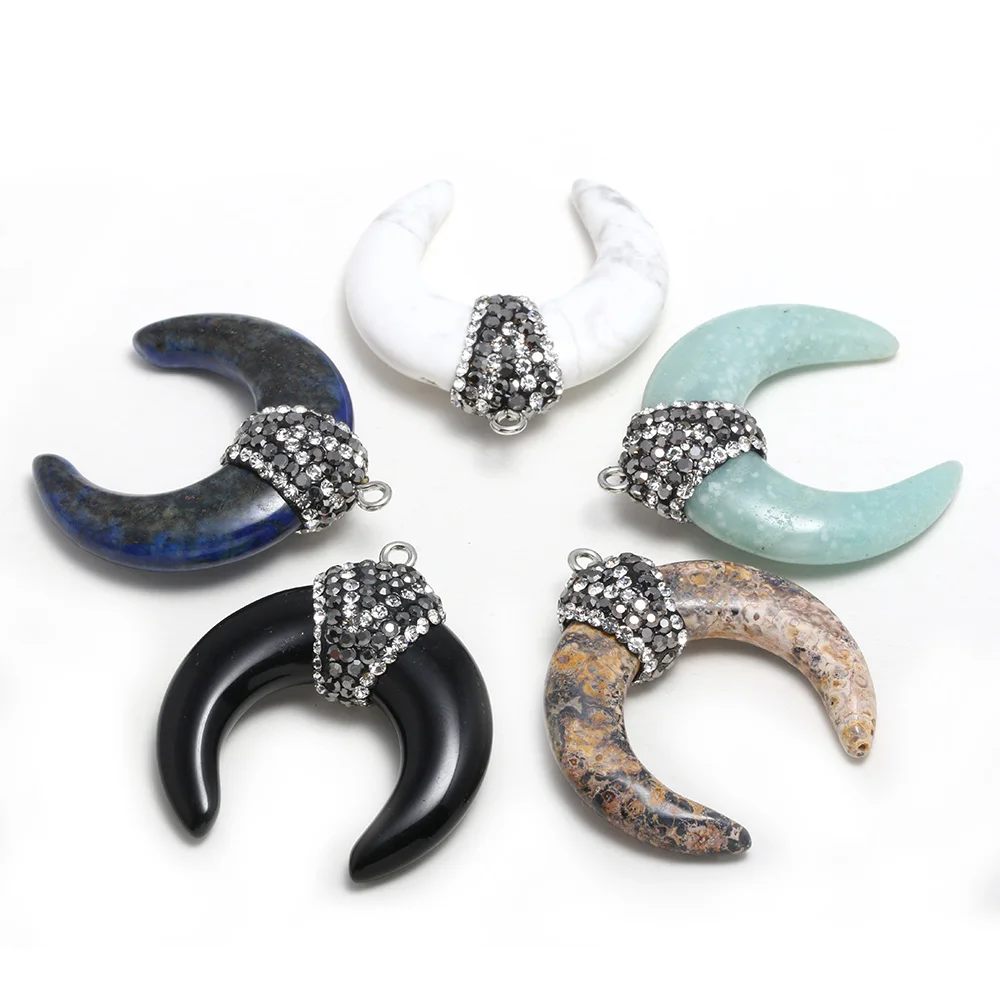 

Natural Stone Horn Shape Lapis Lazuli Black Agats Pendants for Jewelry Making DIY Necklace Size 35x40mm