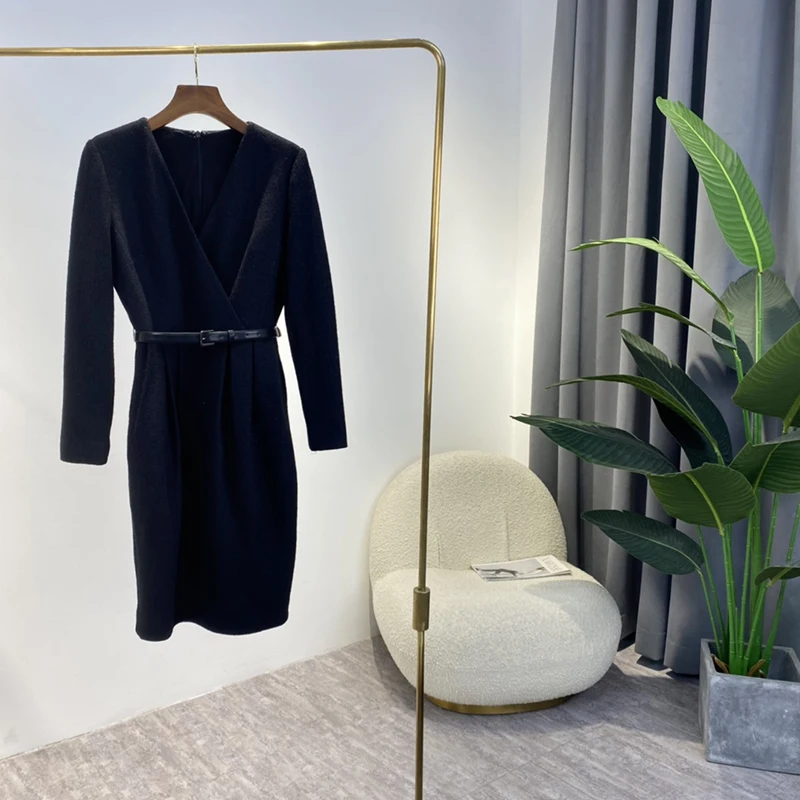 

Office Lady Elegant Dress Women 2021 Autumn New Solid Black Long Sleeve Elegant Black Wool Clothes