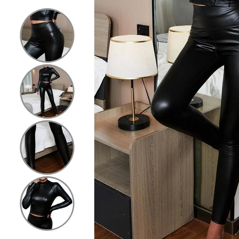 

Elastic Waist Faux Leather Pullover High Collar Top High Waist Pants Streetwear