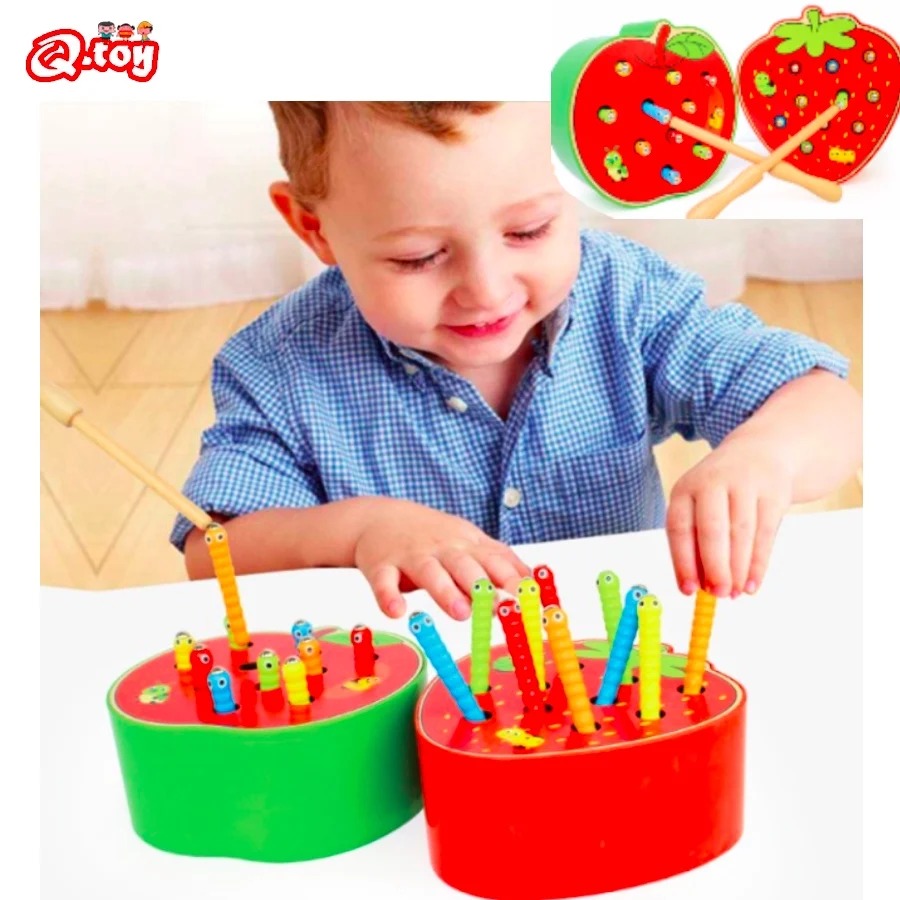 

Wooden toys cognitive worm catch 3D puzzle Montessori educational toy Catch Worm Game Color Cognitive Magnetic Strawberry Apple