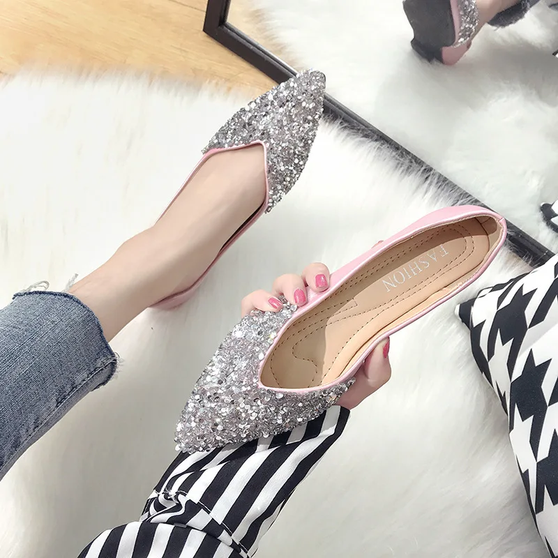 Женские блестящие туфли на плоской подошве наивысшего качества с блестками и