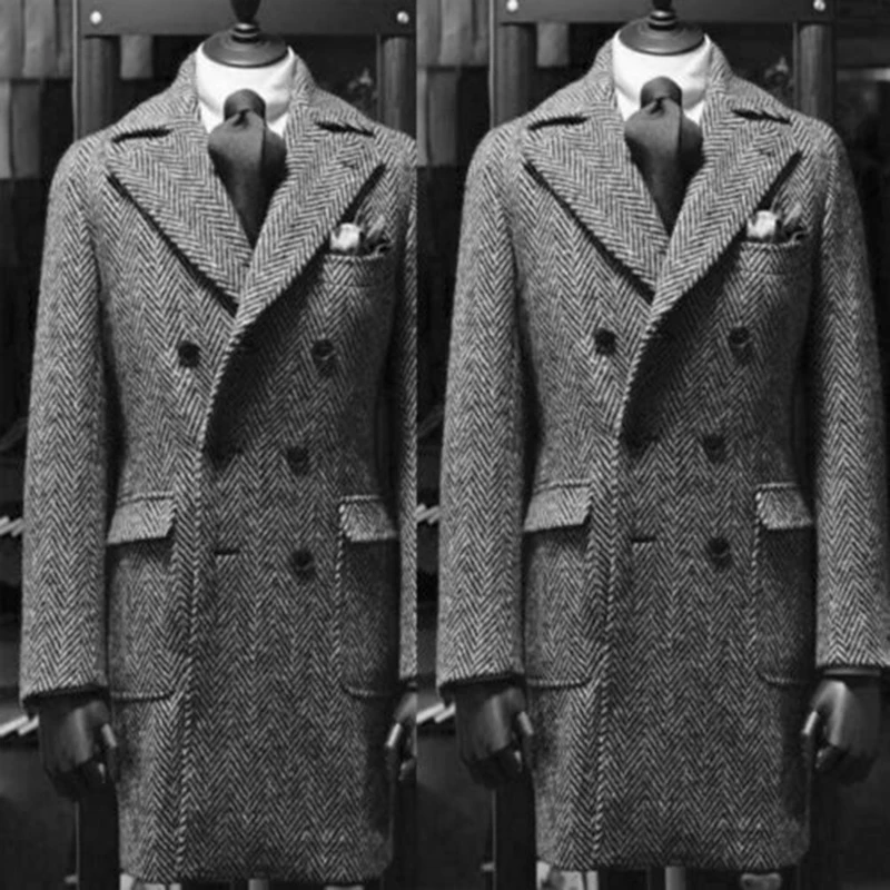 Men's Tweed Jacket Winter Pants Coat Warm Dark Grey Herringbone Wool Windbreaker High Quality Slim Fit Jacket