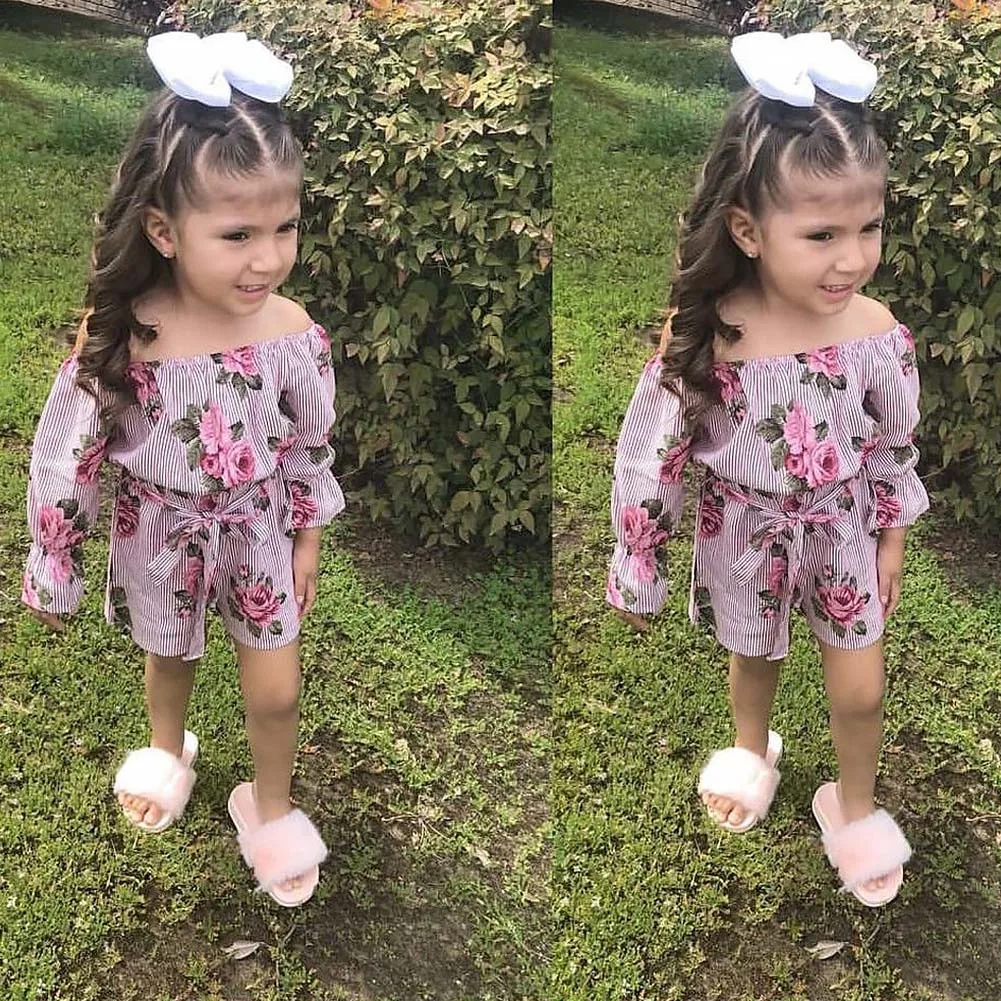 

Fashion Girl Kid's Bowknot Belt Party Holiday Wear Summer Off Collar Trumpet Sleeve Floral Suspenders Outfits Striped Casual