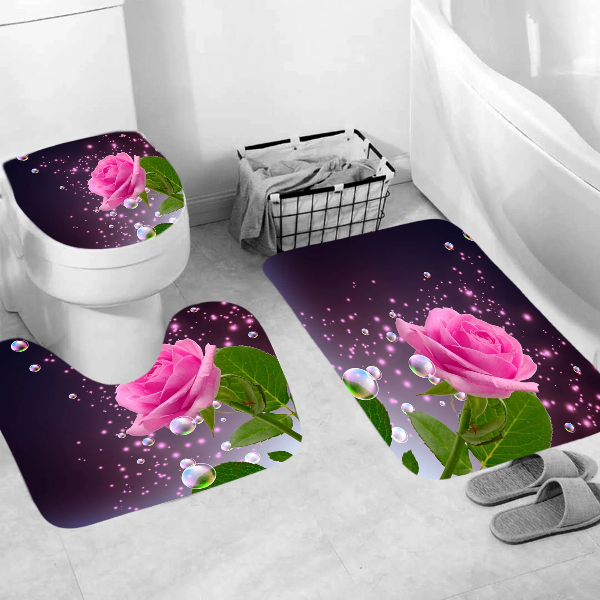 pink rose shower curtain fantasy modern bathroom set fashion pattern bath curtains non slip toilet cover floor and mat rug sets free global shipping