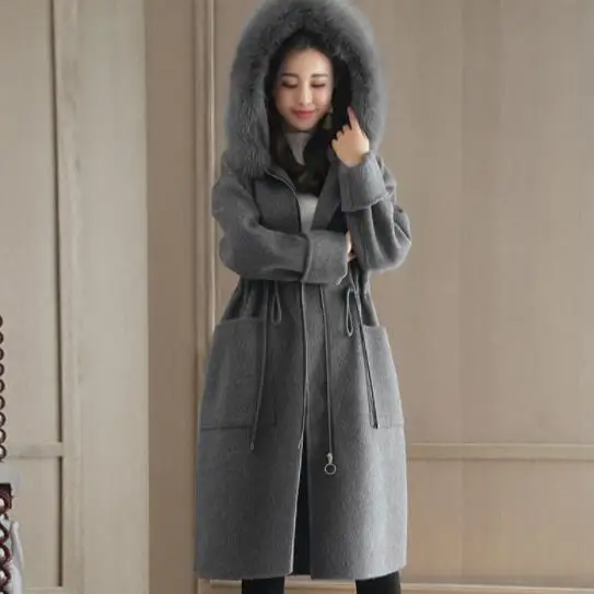 2019 зимнее женское длинное шерстяное пальто приталенная Женская куртка на молнии