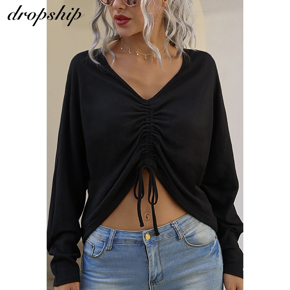 

Сексуальный однотонный осенне-зимний пуловер с V-образным вырезом и открытой талией на шнуровке, повседневные рубашки, облегающая свободна...