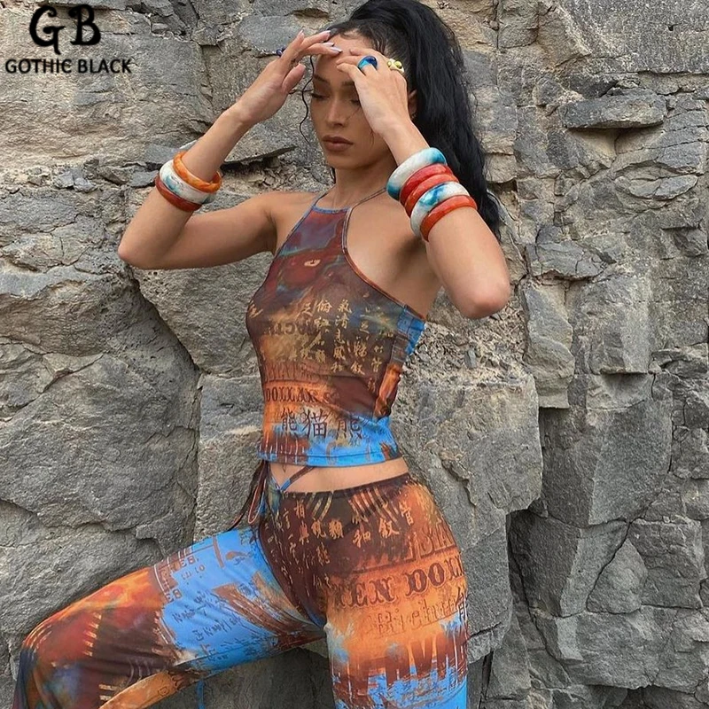 

Gothblack 2 Piece Set Tie Dye Hit Color Character Print Casual Pant Suits Halter Lace Up Sexy Crop Tops Straight Loose Bottom