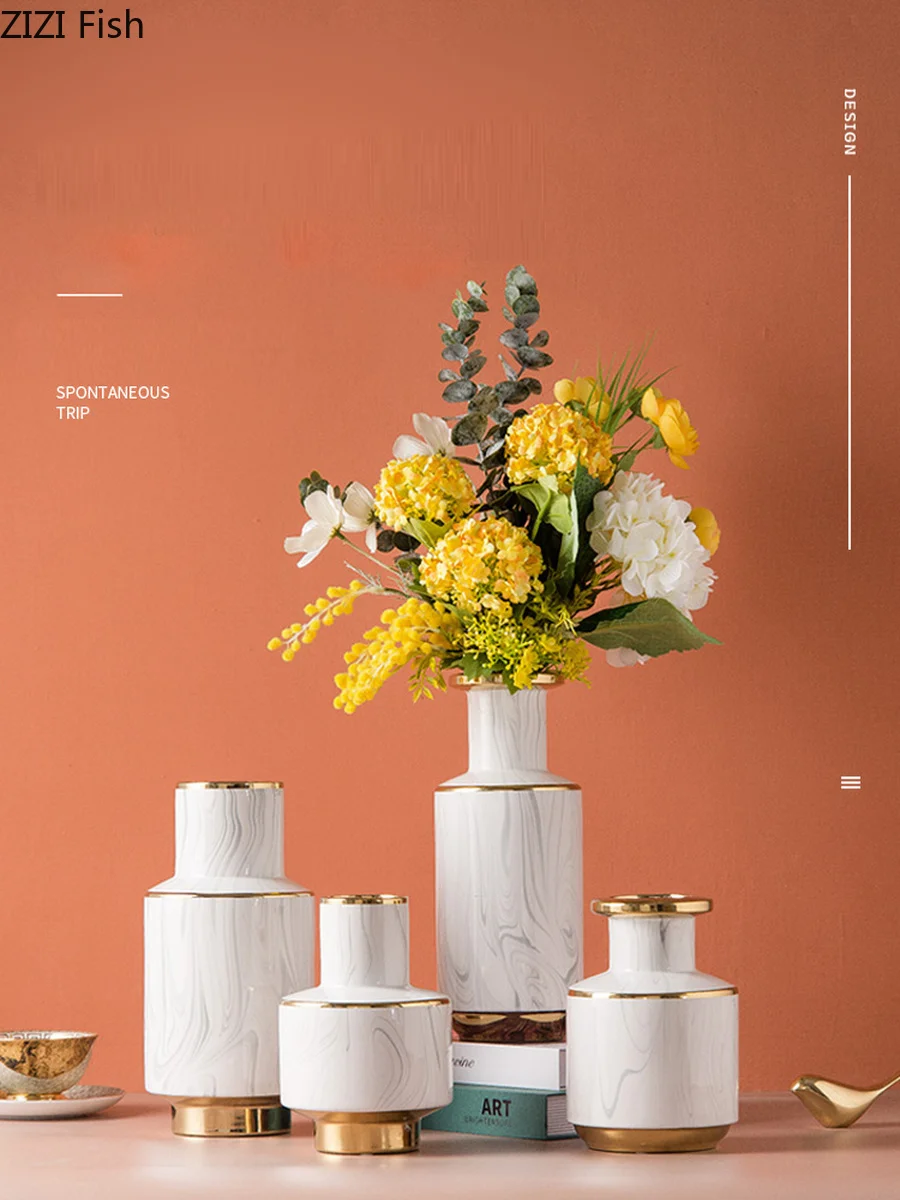 

Nordic Ceramic Gilded Vase Living Room Dining Table Hydroponic Flower Arrangement Crafts Art Marbled Flower Vase Home Decoration
