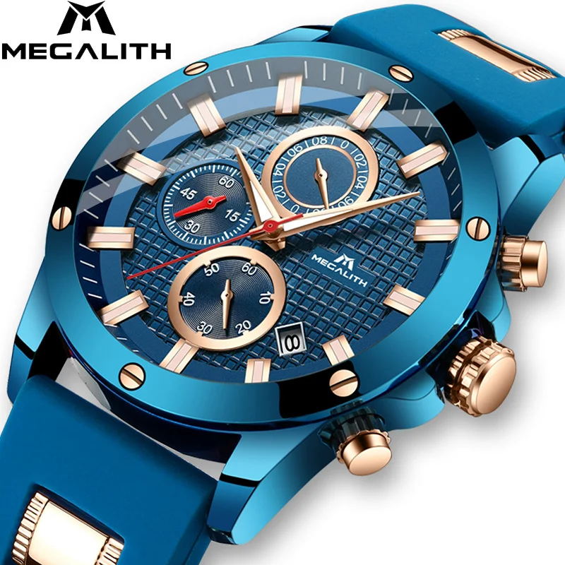 Мужские кварцевые часы MEGALITH синие водонепроницаемые с резиновым ремешком 0140 2019 |