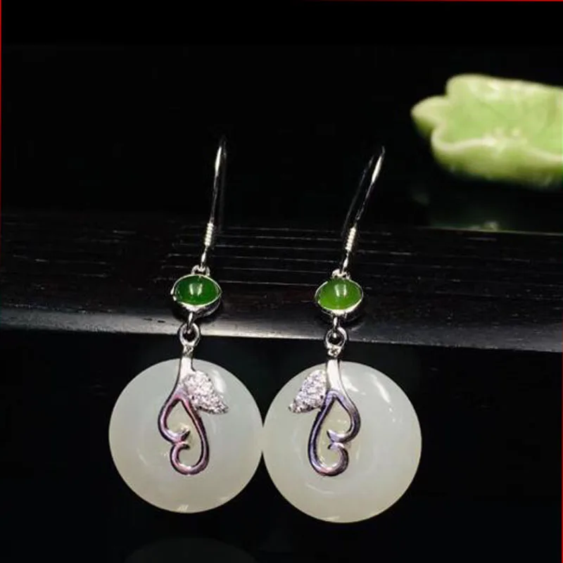 S925 чистый антиквариат инкрустированные натуральным белым нефритом круглое