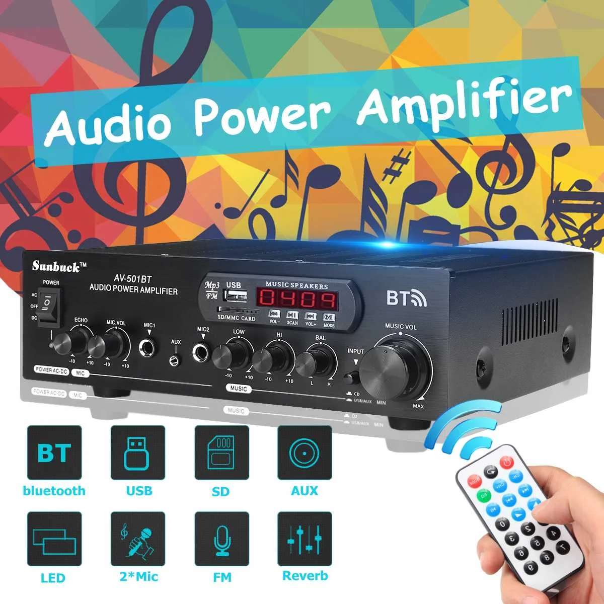 2000 Вт bluetooth аудио усилитель мощности 110 В/220 В DC 12 В AUX вход 2,0 hifi динамик 4 микрофона FM USB SD 2 x микрофонный вход