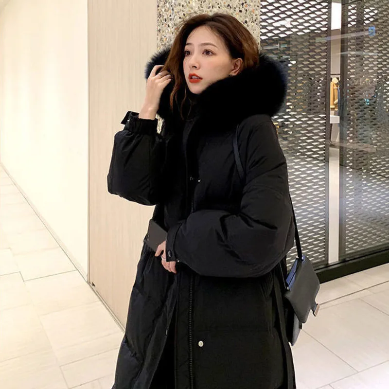 White Duck Down Jacket Women Winter Real Natural Fur Collar Hooded Korean Elegant Office Lady Long Thickened Warm Parker Coat