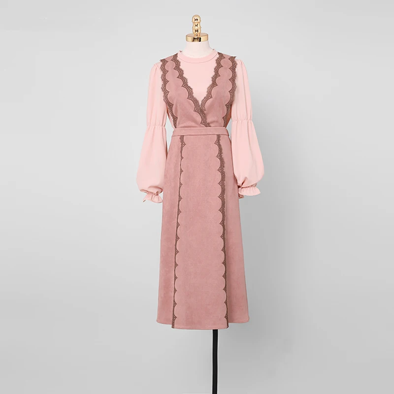 2019 осенние модные женские платья из двух частей с круглым вырезом длинными