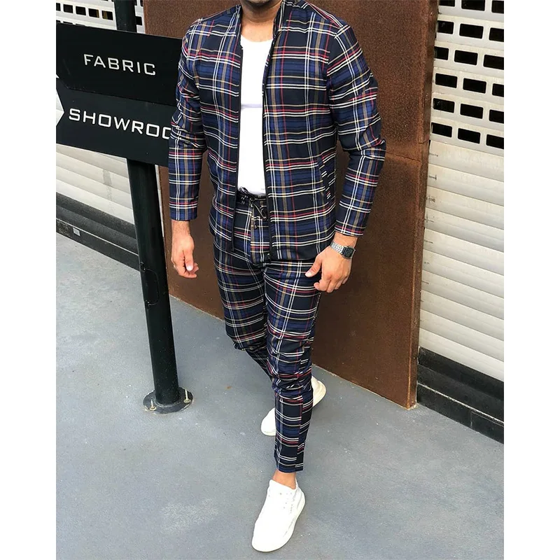 

Streetwear hipster Hip Hop Station Collar zip jacket set for 2021;Fall men's 3D plaid exercise jogging slim jacket