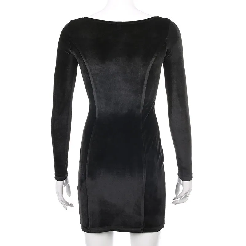 

Black Square Collar Full Sleeve Women Autumn Dress Fashion Sexy Nightclub Hem Split Mini Party Dress High Waist Pencil Vestidos