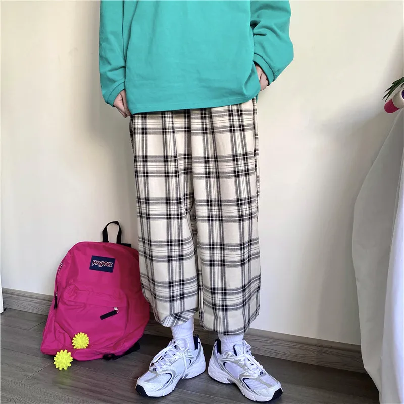 

Women's Pants 2021 New Y2K Streetwear Fashion High Waist Straight Pants Casual Girl Student Polyester Fiber Baggy Plaid Trouser