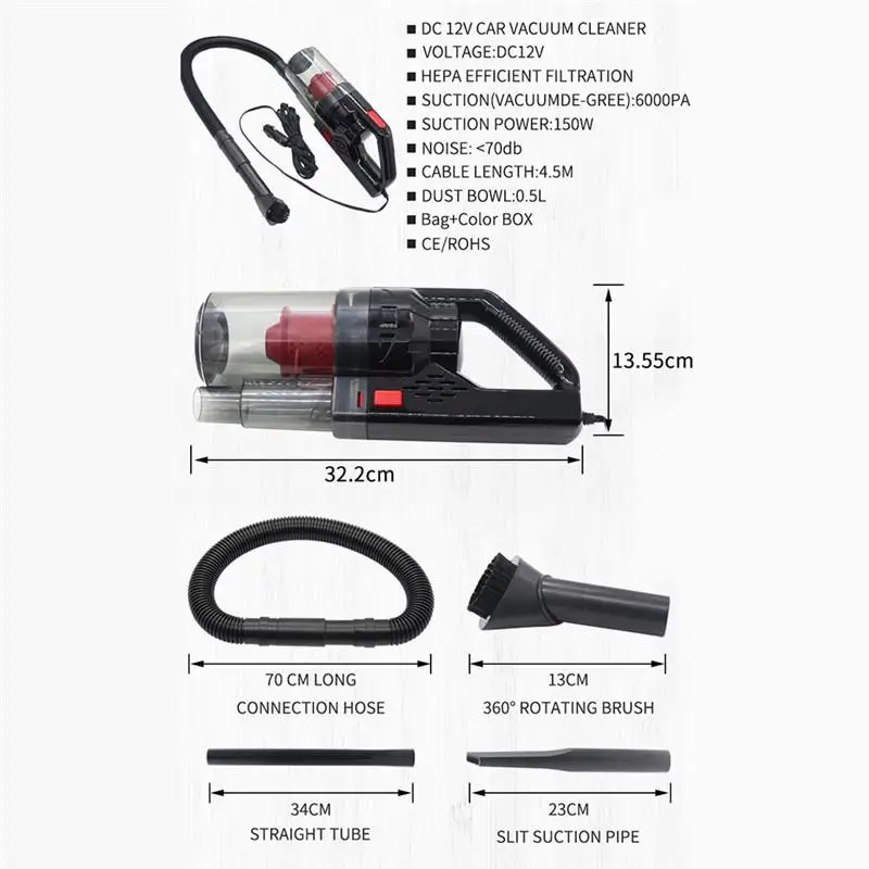 12 В 150 Вт 6000 ПА влажный/сухой ручной автомобильный пылесос Мощный пылесборник