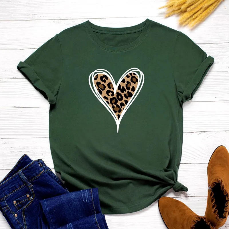 

S-5XL Summer Plus Size Women Tshirt Sexy Leopard Heart Print Shirt 100%Cotton Woman Tshirts O-Neck Short Sleeve Tees Sexy Tops