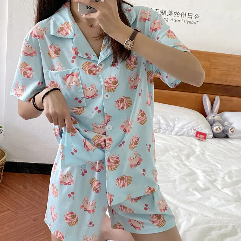 CAIYIER New Women Pajamas Suit Summer Short Sleeve Cute Pink Ice Cream Print Sleepwear Girl Leisure Pyjamas Leisure Wear Shorts
