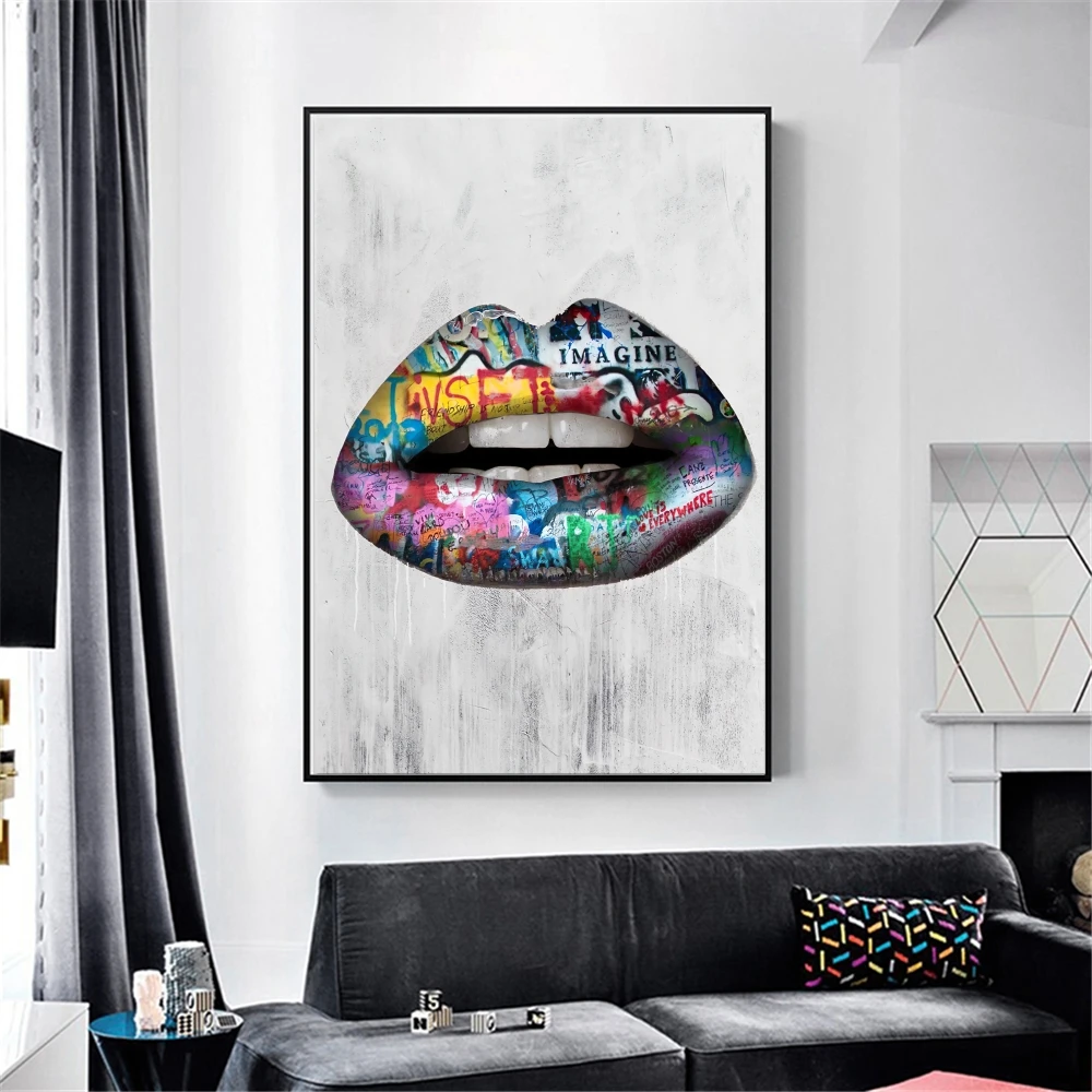 

Abstract Artwork I Magine Canvas Posters and Prints Pop Street Art Paintings Mouth Lip Picture for Modern Home Living Room Decor