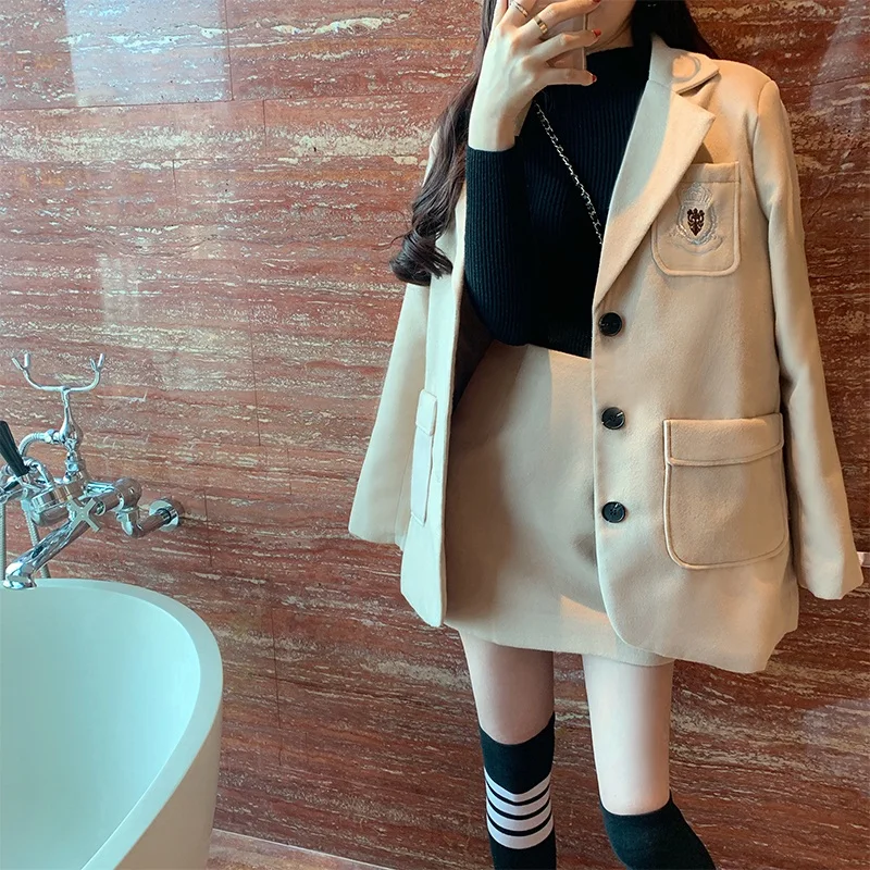 Модный осенний шерстяной комплект из двух предметов Женский приталенный Блейзер