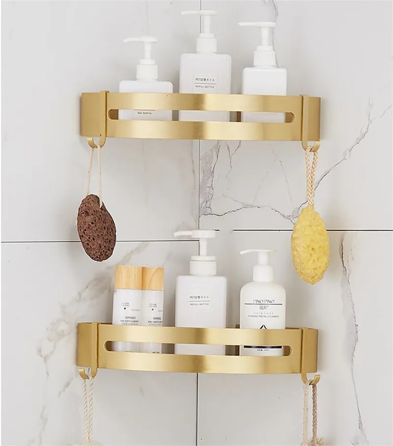 

Wall Mounted Bathroom Shelf Aluminum Punch Free Kitchen Storage Shelf With Hook Triangle Corner Shampoo Shelves Bathroom Product