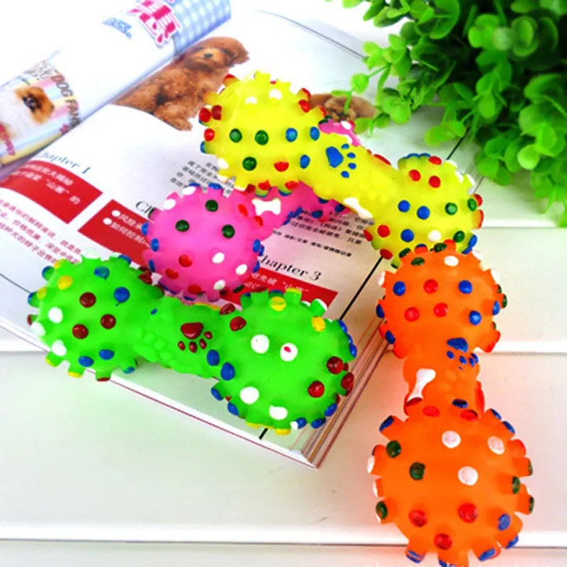 

1pcs Dog Toys Colorful Dotted Dumbbell Shaped Dog Toys Squeeze Squeaky Faux Bone Pet Chew Toys For Dogs