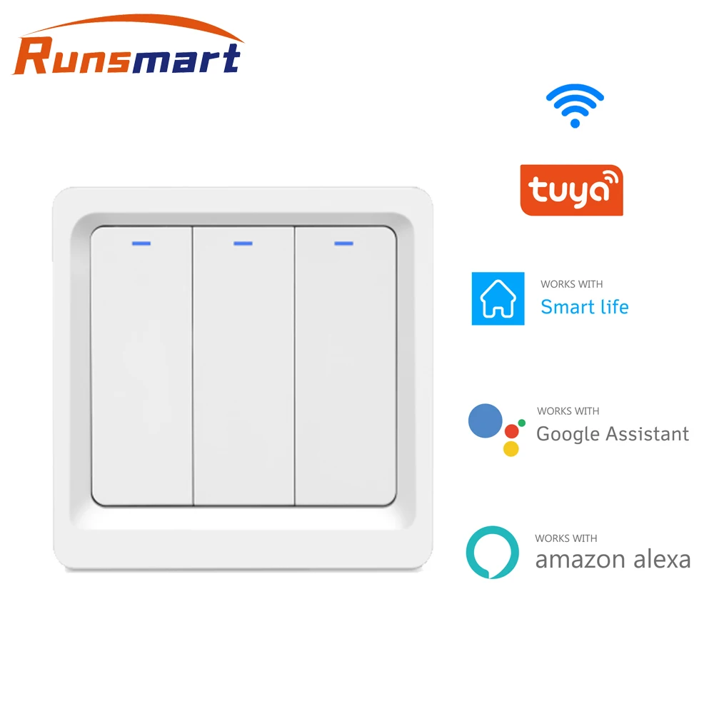 

Умный выключатель RUNSMART с поддержкой Wi-Fi, ЕС/Великобритания, 1/2/3 кнопочный настенный выключатель, работает с приложением Alexa Google Home Tuya Smart Life