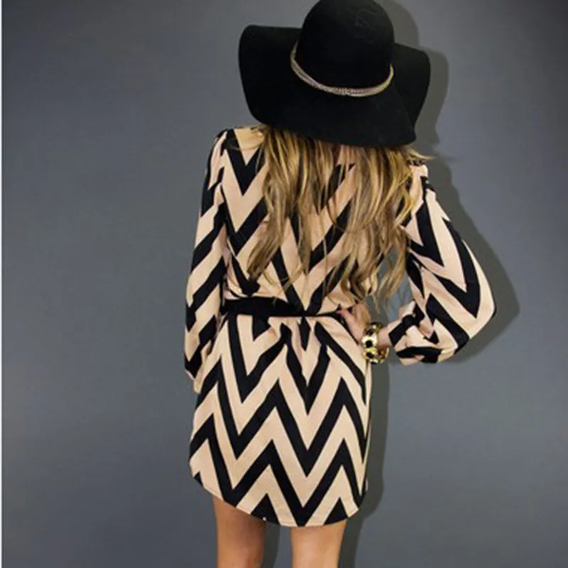 

Summer Dress Women Elegant Striped Wave Print Shirt Slim Long Sleeve O Neck Casual Female Mini Dress Vestidos Ladies