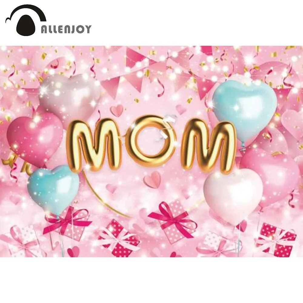 

Allenjoy Happy Mother's Day Backdrop Family Pink Gold Heart Balloons Party Supplies Photography Background Decor Photo Zone