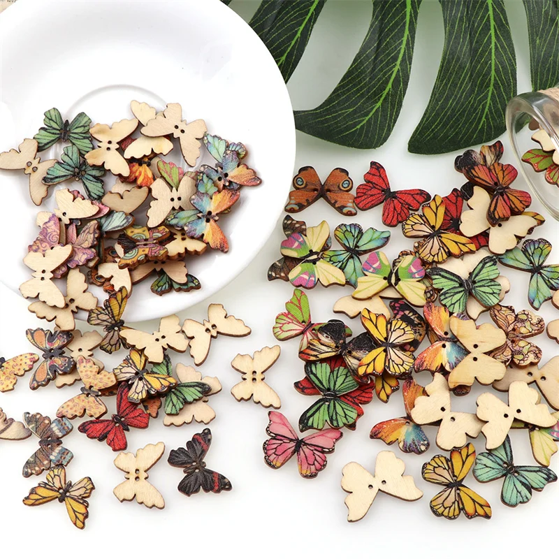 

50Pcs/Lot Hot Sale Mixed Color Butterfly Shape 2 Holes Wooden Buttons Handmade DIY Clothing Sewing Scrapbooking Crafts Wholesale