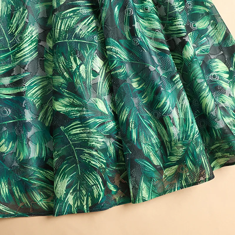 

High Quality Green 2020 Spring Summer Style Women O-Neck Tropical Leaves Print Short Sleeve Mid-Calf Large Swing Dress