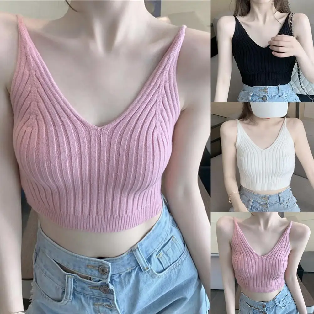 

SAWNOOD Women Summer Basic Tops Sexy Strappy Sleeveless Racerback Crop Top 2021 Female Casual Solid Color Ribbed Knit Short Vest