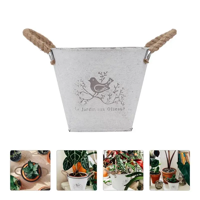 1pc Decorative Flowerpot Simple Plants Bucket with Hemp Rope Iron Flower Pot | Дом и сад