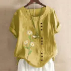 Рубашка женская льняная с круглым вырезом и цветочным принтом, милая блузка с рукавом до локтя, рубашка на пуговицах, корейский топ, лето размера плюс