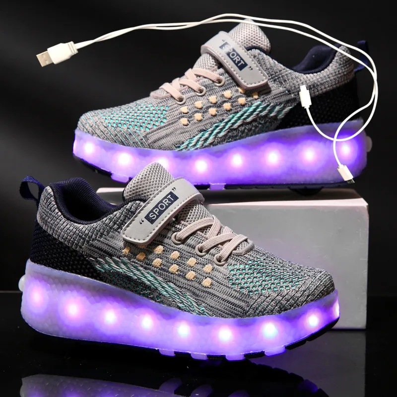 

2020 New USB Charge LED Colorful Children Kids Fashion Sneakers with Two Wheels Roller Skate Shoes Boys Girls Shoes 03