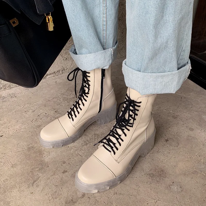 

Women Genuine Leather Shoes Fashion Transparent Chunky Heels Motorcycle Boots Autumn Winter Lace Up High Heel Black White Boots