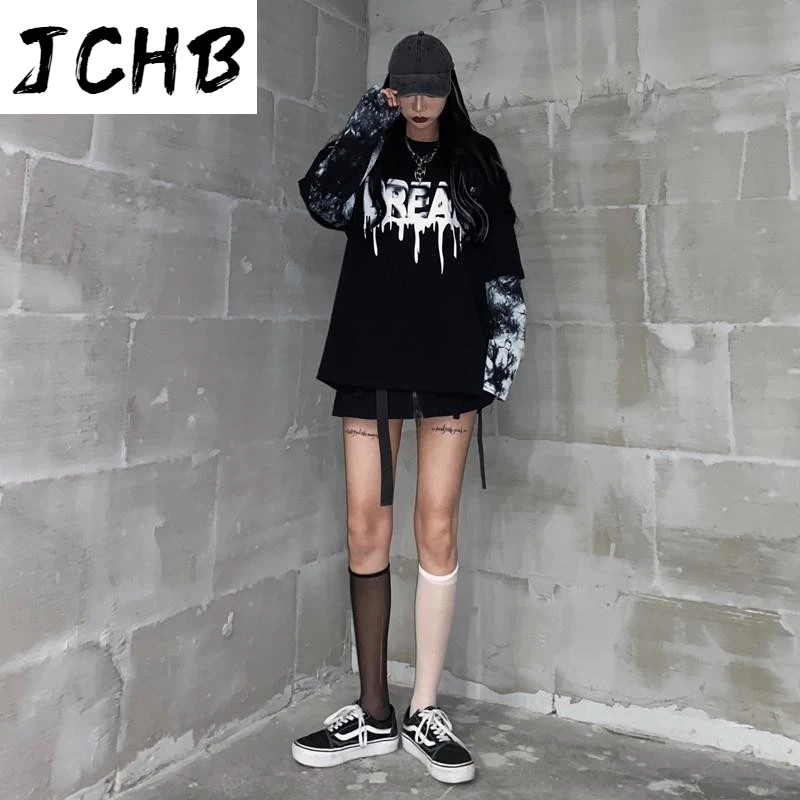 

2021 Tie Dye Printing Long Sleeved Long T-shirts O-neck Causal Loose Tees Fake Two Pieces T-shirt Hip Hop Fashion Punk Tops Pull