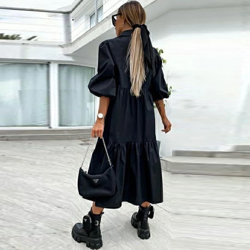 

Summer Lapel Shirt Dress 2021 Women Fashion Lantern Sleeve Solid Patchwork Ruffle Button Ruched Casual Loose Beach Midi Sundress