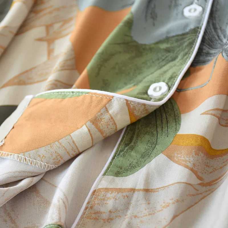 

Pajamas Set 2Pcs/Set L-XL Gauze Silk Cartoon Printed Leaf Pyjamas Women Turn-Down Neck Shirt+Pants Comfort Sleepwear Nightgown