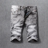summer fashion vintage designer men jeans retro gray elastic cotton distressed ripped denim shorts men italian style short jeans