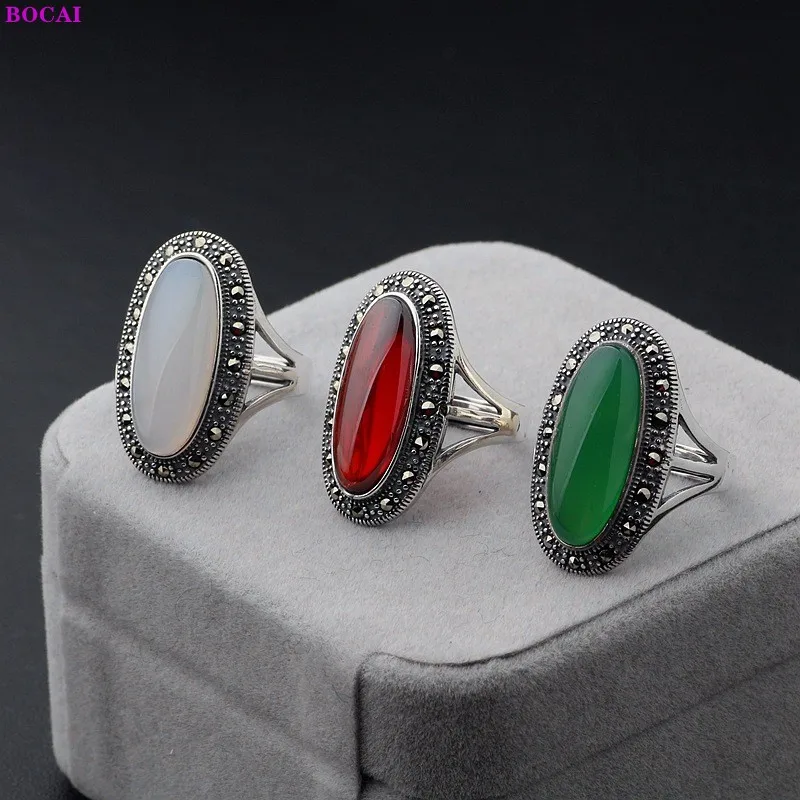 

100% S925 Sterling Silver Rings Garnet Chalcedony Agate Pure Argentum Oval Gemstone Marcasite Jewelry for Elegant Women