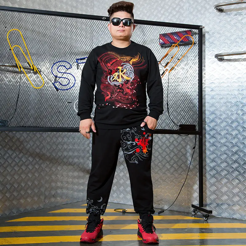European Trend Autumn and Winter Fat Guy Male Printing Plus Fat Extra Large Round Neck Loose Sweater Casual Suit
