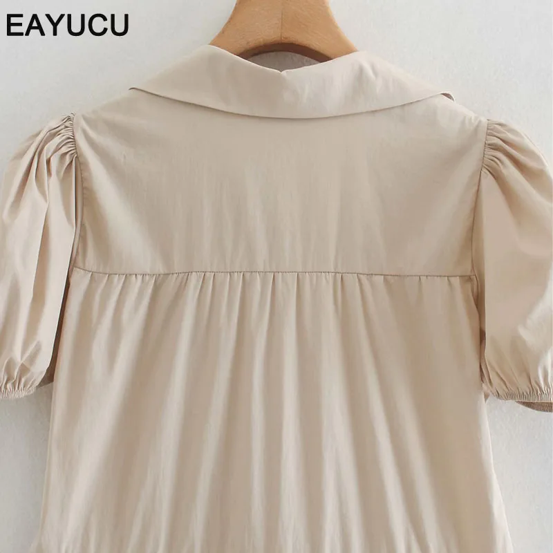 

EAYUCU Solid Hkahi Turn Down Collar Single Breasted Loose Women Summer Dress Casual Short SLeeve Femlae Short Dress Robe ED278