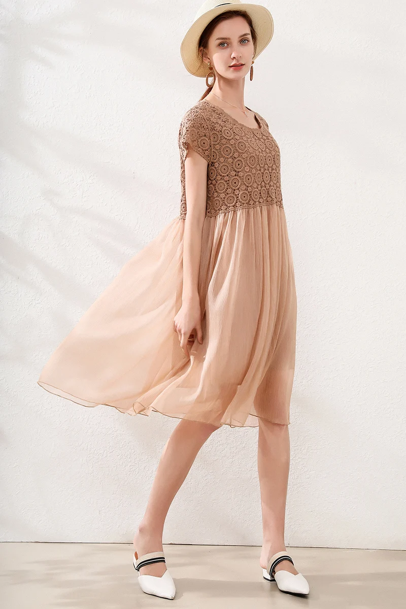 Летнее платье 2020 свободное шифоновое в стиле ампир вязанное крючком с короткими