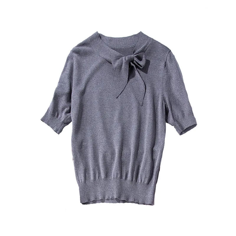 

Korean Fashion V-Neck Relaxed Elegant Bow Knot Short Sleeve Top Summer Solid Elastic Skinny Color Knitted T-Shirt Pullover Tops