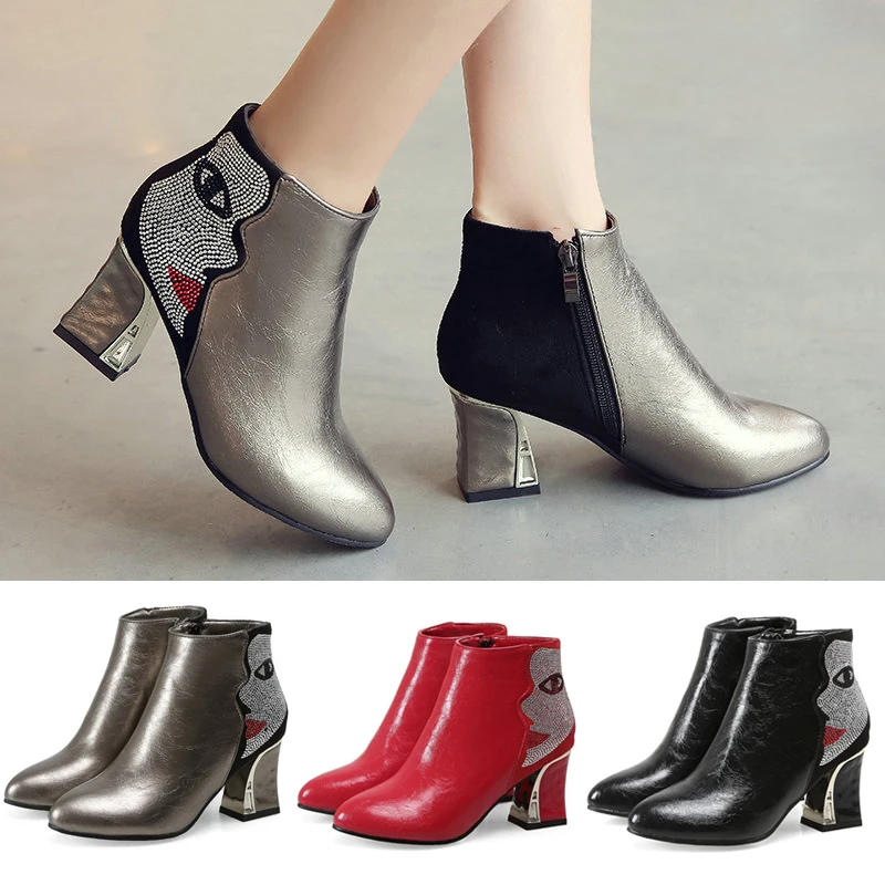 Лидер продаж модные женские ботинки с высоким берцем стразы молния обувь на