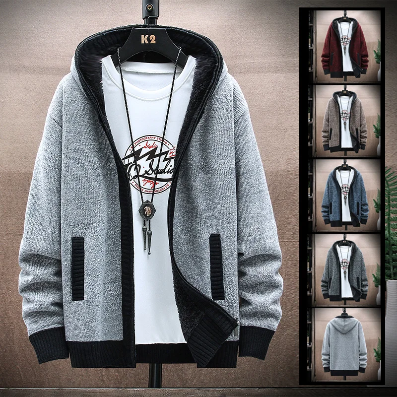 

Мужской утепленный кардиган на молнии, утепленный кашемировый шерстяной свитер с капюшоном, осень 2021