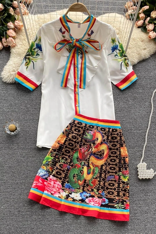 

Set 2021 new ladies shirt wild high waist design printing skirt two-piece tide
