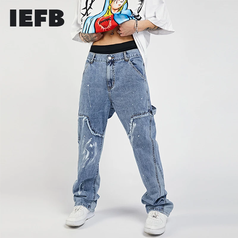 

IEFB Speckled Rough Edge Stitching Jeans Mens Streetwear Trend Loose Straight Denim Trousers Casual 2021 New Print Casual Pants
